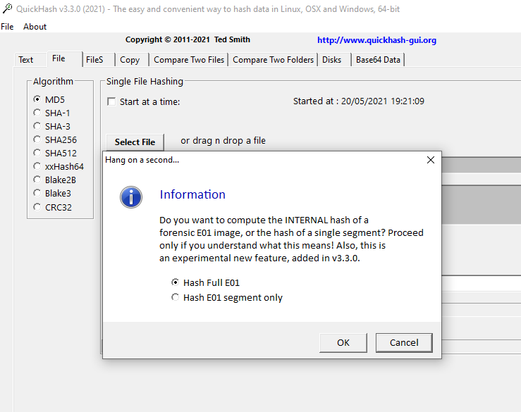 Selecting an E01 EWF Forensic Image with Quickhash-GUI