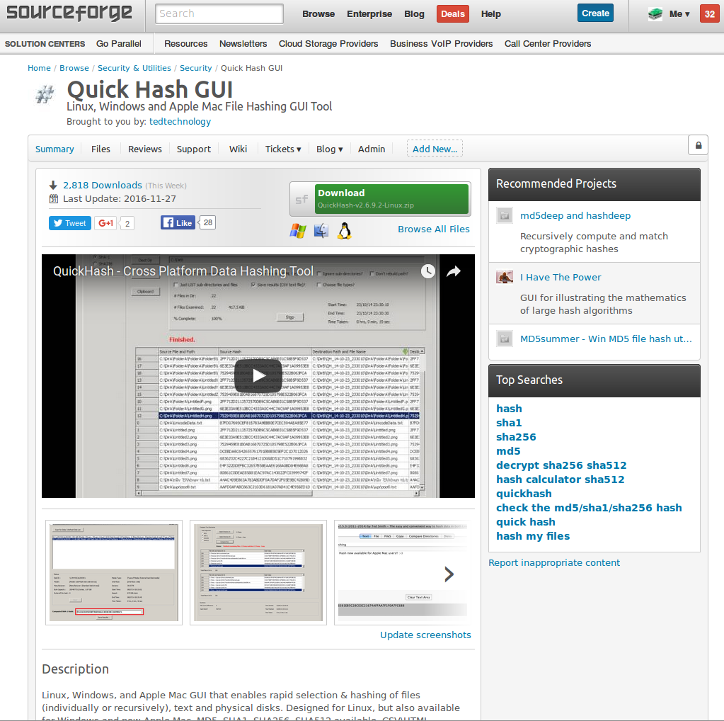 Quickhash homepage as it was on Sourceforge