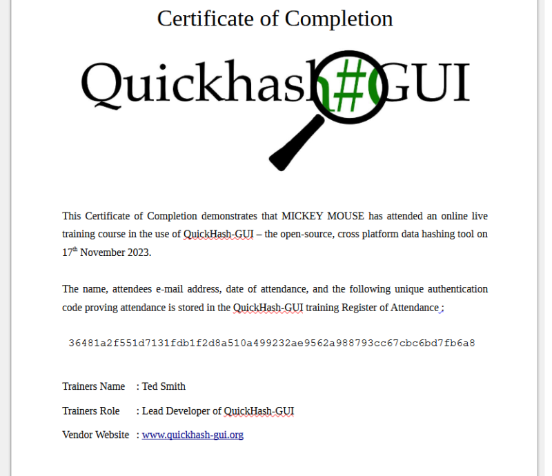 Quickhash Gui Logo QuickHash-GUI Sample Training Certificate | QuickHash GUI